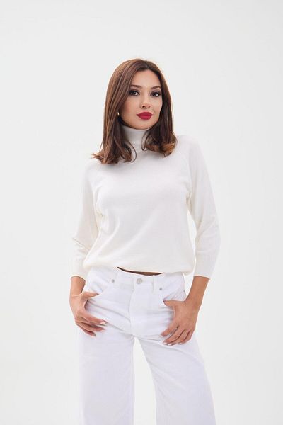 modaserdem Women's Knitwear Three Quarter Sleeve Fisherman Sweater-Ecru