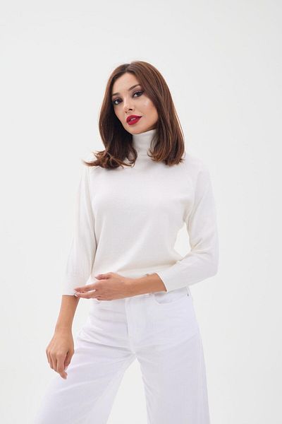 modaserdem Women's Knitwear Three Quarter Sleeve Fisherman Sweater-Ecru