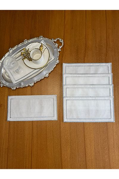 Smiling Home 6 Pieces Ecru Color Linen Double Row Silver Color Embroidered Rectangular Tray Cover