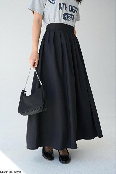 Lupies Kadın Siyah Pile Detaylı Yırtmaçlı Uzun Etek