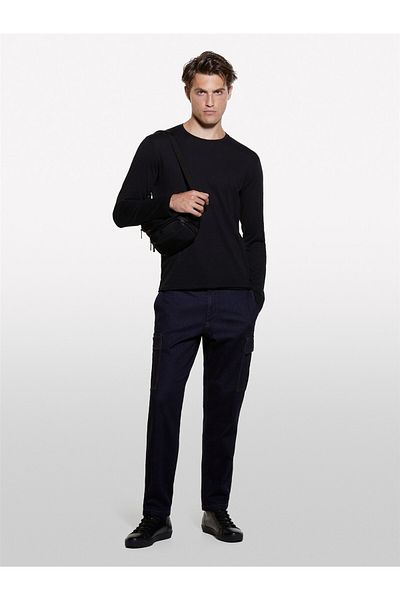 Sisley Tricou cu mânecă lungă, 100% bumbac, cu decolteu, pentru bărbați, negru - 324a3wf0s1013