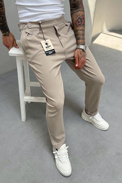 MADZEYMODA Ανδρικό παντελόνι Boyfriend Mold Πλισέ Διπλό Μπεζ υφασμάτινο παντελόνι KE-1023
