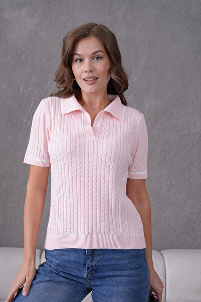 Arbucky Women's Polo Neck Hair Braided Short Sleeve Slim Knitwear Sweater