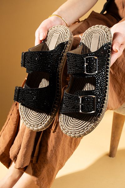 Pembe Potin Women's Black Suede Crystal Double Buckle Poly Comfortable Straw Sole Slippers Sandals