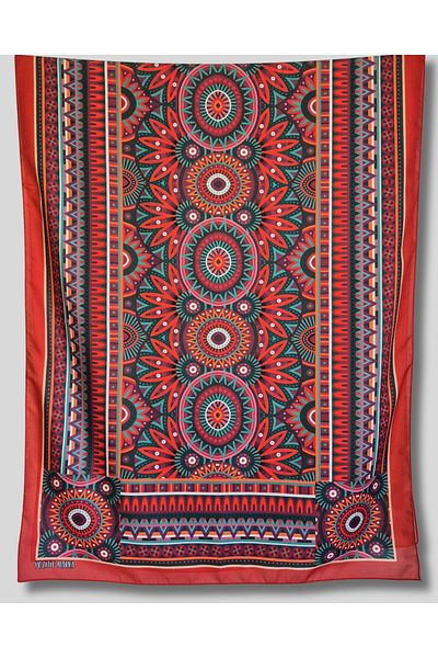 POZİTİF MRK Red Cotton Shawl African Mandala Patterned 70Cmx190Cm