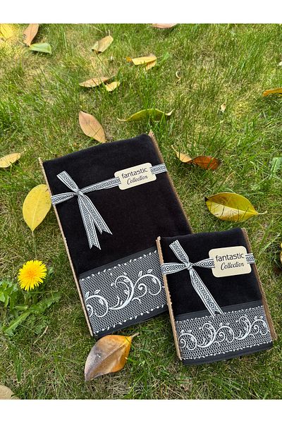 Fantastic Collection Special Velvet Gift Towel Set with Border Gold-Silver Embroidered Baroque Pattern