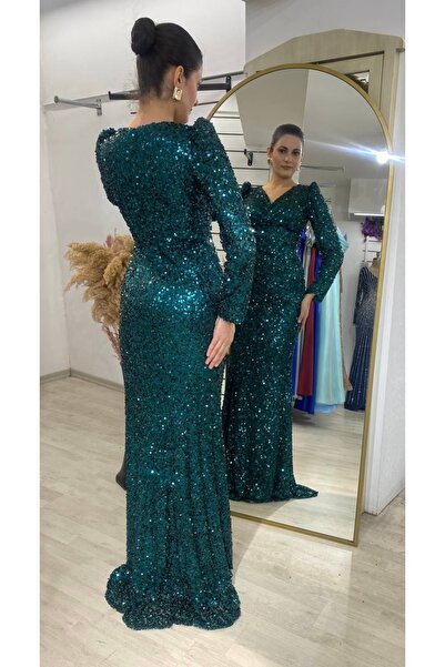 E&A Eren Abiye UZUN KOLLU KRUVAZE YAKA YIRTMAÇLI PUL PAYET BALIK ABİYE