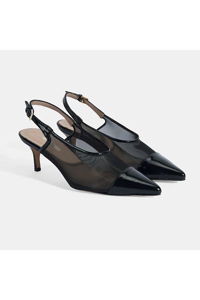 Desa Women's Black Mesh Adjustable Buckle Patent Leather Heeled Classic Shoes