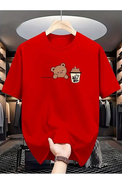 VBSVİBES Bear Bubble Tea Printed Oversize Single Jersey T-Shirt