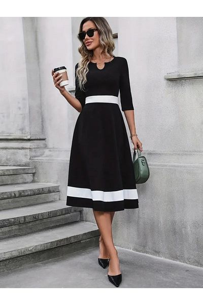 modaserdem Rochie midi din crepon de culoare bloc cu mâneci slabe pentru femei