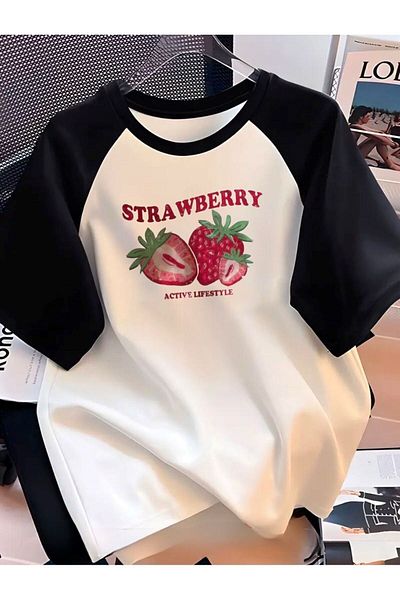 VBSVİBES Strawberry Printed Single Jersey White Black Raglan Sleeve T-Shirt - Oversize Crew Neck T-Shirt