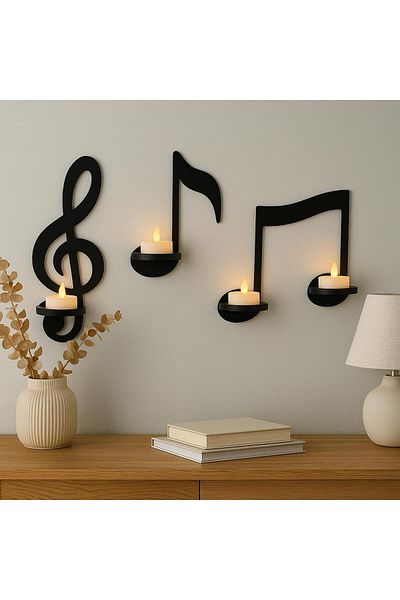 CajuArt Black Wooden Notes 3 Piece Led Candle Wall Decor Decorative Painting