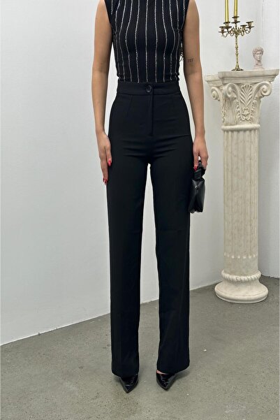TİSHOOSTORE Pins High Waist Black Fabric Palazzo Trousers