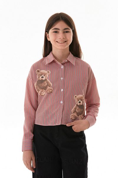 Fulla Moda Teddy Bear Printed Striped Girl's Shirt