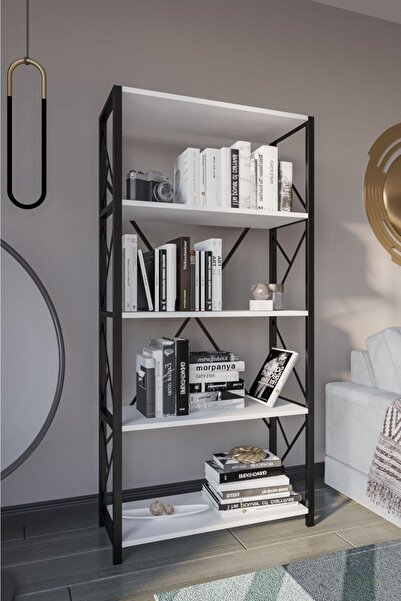 Morpanya Mars Metal Kitaplık Dekoratif 5 Raflı Geniş Kitaplık Dosya Kitap Rafı Ofis Ev Rafı Beyaz