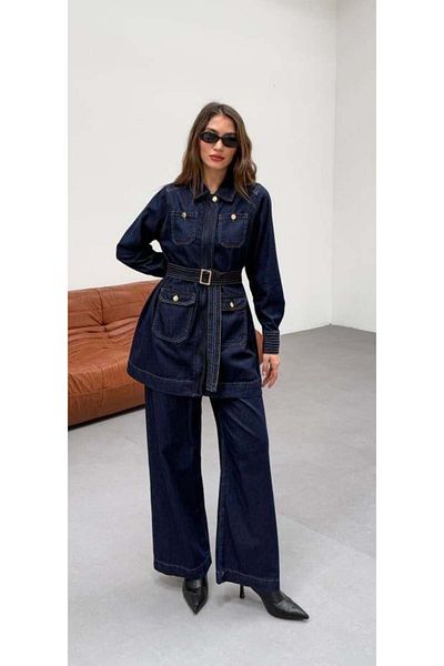 Cardella Premium Quality Belt and Pocket Detailed Design Double Denim Suit Pants Jacket Double Jeans Suit