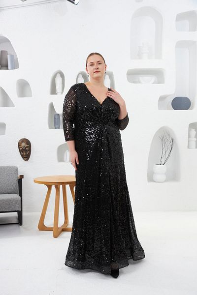 RMG Sequin Sequin V Neck Front Slit Plus Size Evening Dress Black