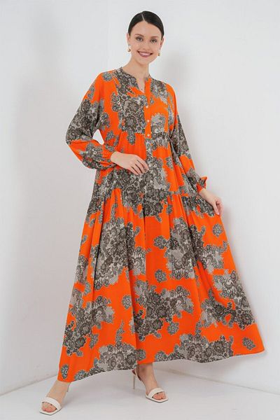 modaserdem Women's Authentic Patterned Hijab Dress - E. Orange