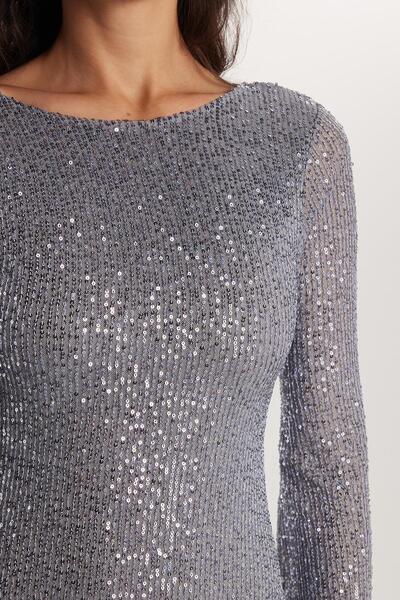 Tudors Kadın Slim Fit Dar Kesim Uzun Kol Bisiklet Yaka Düz Gri Elbise