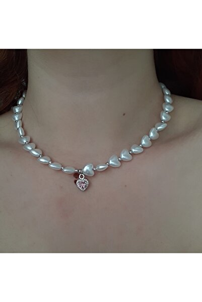 bijoux uniques Kalpli Pembe Taşlı İnci Kolye