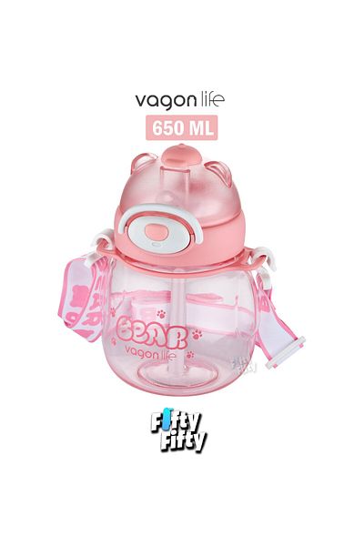 Vagonlife Vagonli̇fe 650 ml Water Bottle with Straw and Neck Strap Pink