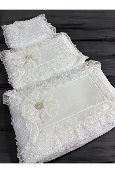 AYHANHOME French Guipure Velvet Stone Ornate Set of 3