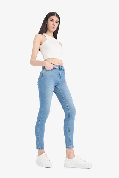 DeFacto Νέα σεζόν Skinny Fit Ψηλόμεσο ίσιο παντελόνι με μακρύ τζιν πέτρινο πλυντήριο