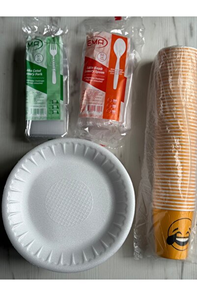 maycup Yuvarlak Orta Boy Tabak - Karton Bardak - Kaşık - Çatal40 Adet Piknik ve Kullan At Set Maycup