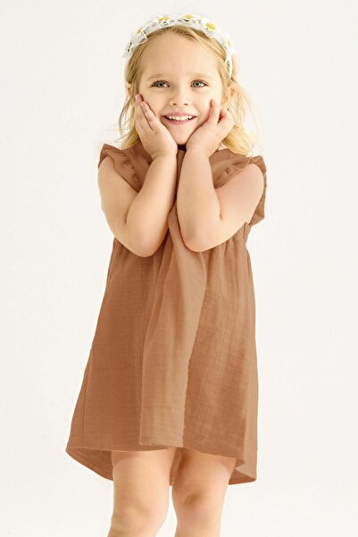 zepkids Crew Neck Ruffled Shoulder Camel Color Girl's Dress