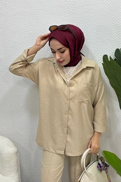 Tesettür Diyarı Women's Sofia Linen Shirt Suit-Beige