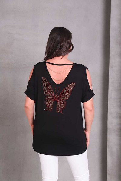 Esina Women's Back V-Neck Shoulder and Stone Detailed Viscose Blouse