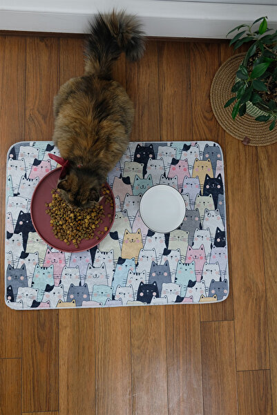aymira home Evcil Hayvan Figürlü Kedi Köpek Beslenme Mama Ve Su Matı Kolay Temizlenen Emici Paspas 50*70 cm