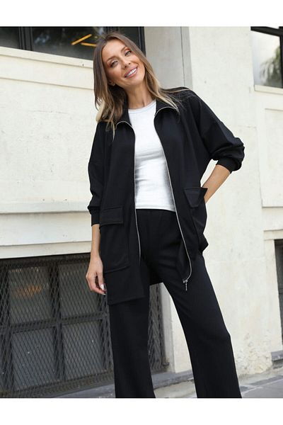 QİMYA BUTİK Buketli̇ Women's Long Top and Drawstring Waist Oversize Sweatshirt & Trousers Two-Piece Set