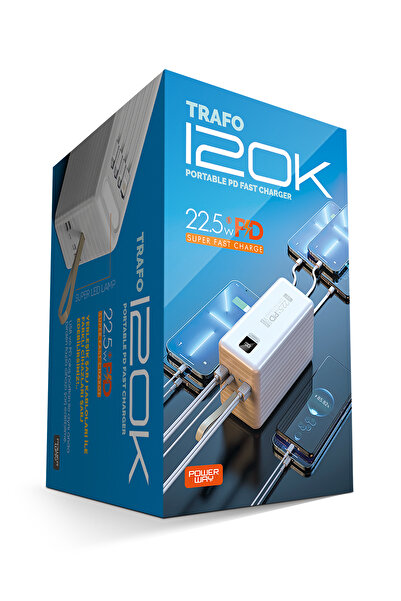 POWERWAY 120.000 Mah Pd 22.5w Hızlı Şarj Dahili Kablolu Kamp Taşınabilir Güç Kaynağı Beyaz Trafo Powerbank