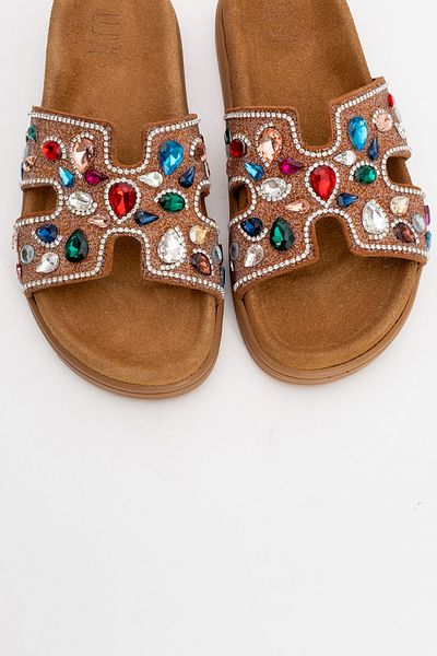 LuviShoes Brave Tan Genuine Leather Colored Stone Women's Slippers