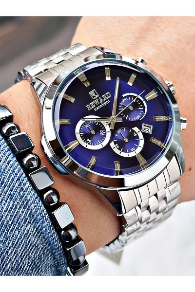 Reward Silver Color Sport Guaranteed Steel Cord Men Wrist Watch + Bracelet