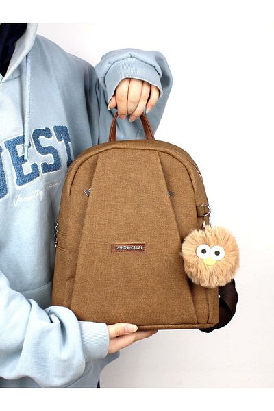 deri,se club Tan Women's Luxury Multi-Compartment Backpack with Pompom Plush Gift
