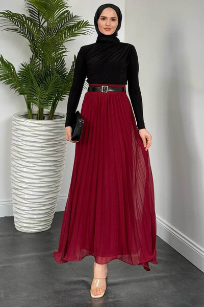 Tesettür Diyarı Kadın Piliseli Kemer Hediyeli Şifon Etek-Bordo