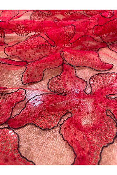 METERİAL 135 cm Eninde Kırmızı Pullu Çiçek Desenli Tül Kumaş | Gösterişli Abi...