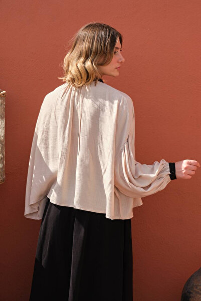 Nana & Mayka Moda Γυναικείο πουκάμισο Oversize με γαρνιρισμένο στρογγυλό γιακά 100% βισκόζη Loose Fit πουκάμισο 2001