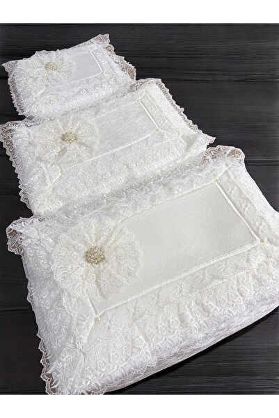 AYHANHOME Fransız Güpürlü Kadife Taşlı Süslü Bohça Söz Nişan Hurcu Çeyizlik 3'lü Set