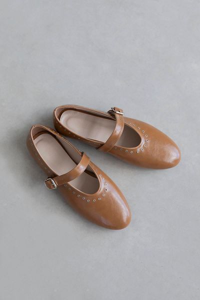 STRASWANS Abner Women's Drop Detail Wrinkled Leather Ballerinas Camel