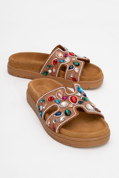 LuviShoes Brave Tan Genuine Leather Colored Stone Women's Slippers