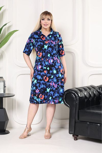 sinemisxxl Patterned Large Size Dress with Lycra Vskon Fabric Collar