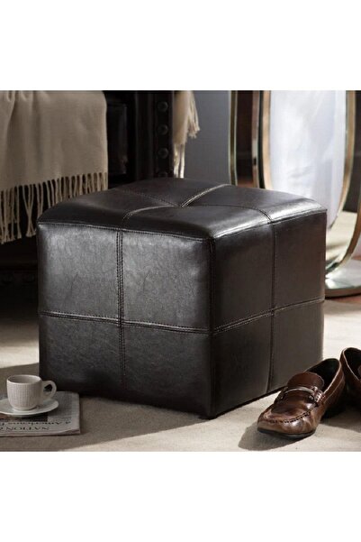 woodaria Siyah Küp Suni Deri Puf Dikişli En*boy 40*40 Cm Yükseklik 40 Cm