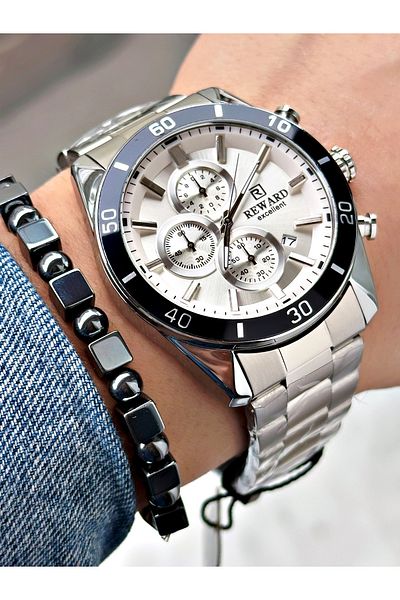 Reward Silver Color Steel Cord Stylish Design Men's Wristwatch + Bracelet