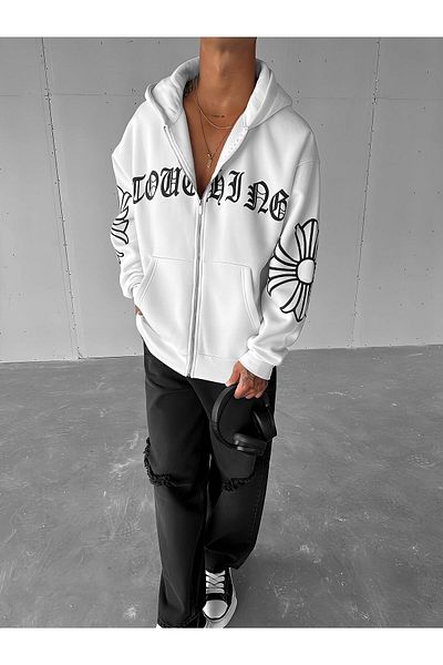 ablukaonline Unisex Oversize εμπριμέ καγκουρό με φερμουάρ κουκούλα λευκό