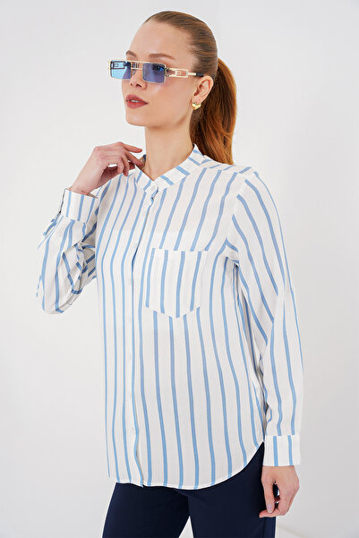Bigdart Kadın Uzun Kollu Çizgili Gömlek 20283 - Mavi