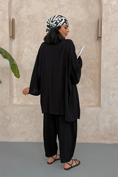 Ortaya Çık Σετ κιμονό μαύρο Seersucker