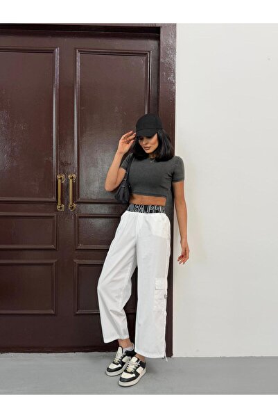 Zeo Basic ZEO Basic Parachute Sand - White Cargo Pants, Elastic Waist and Legs